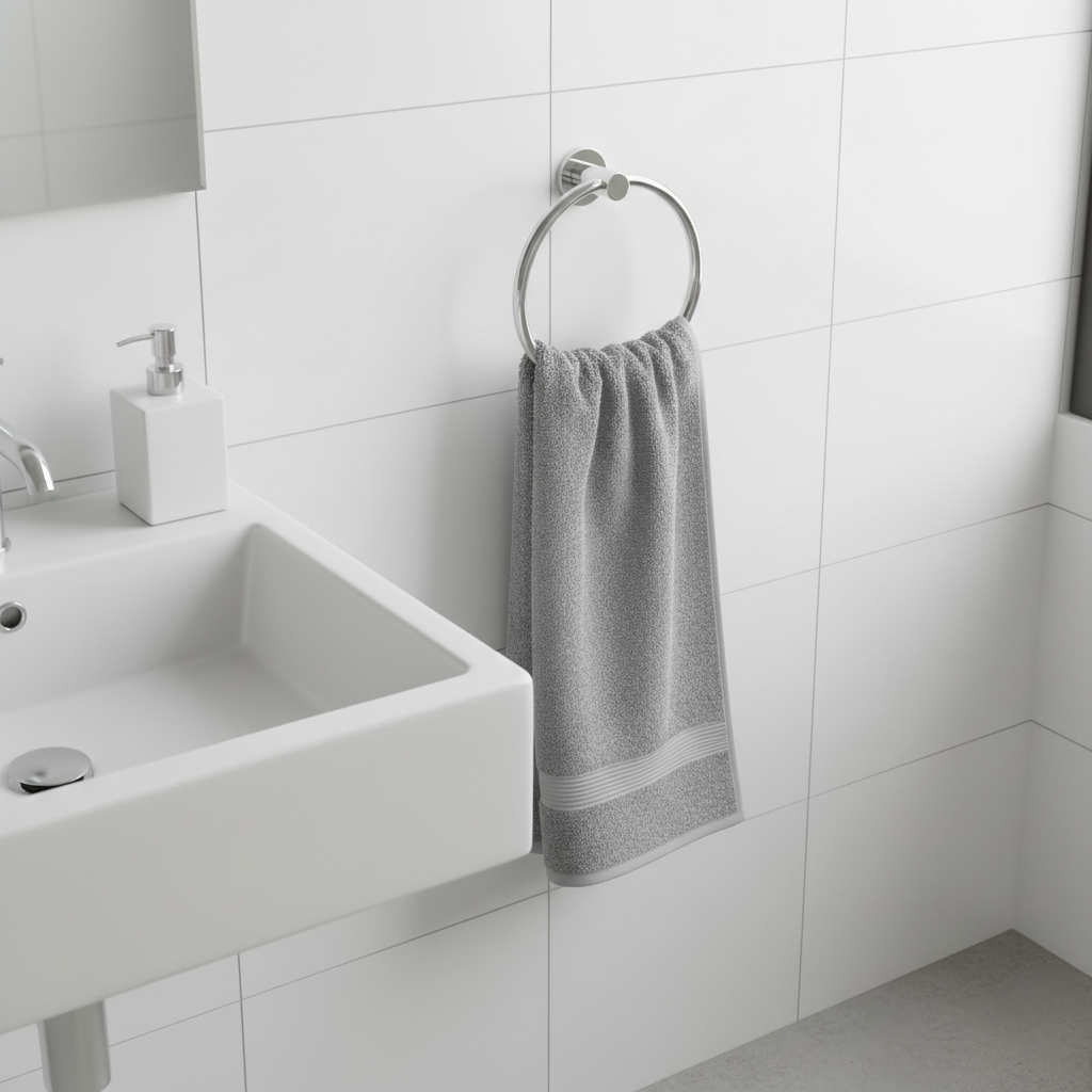 Gray hand towel hanging on bathroom towel ring