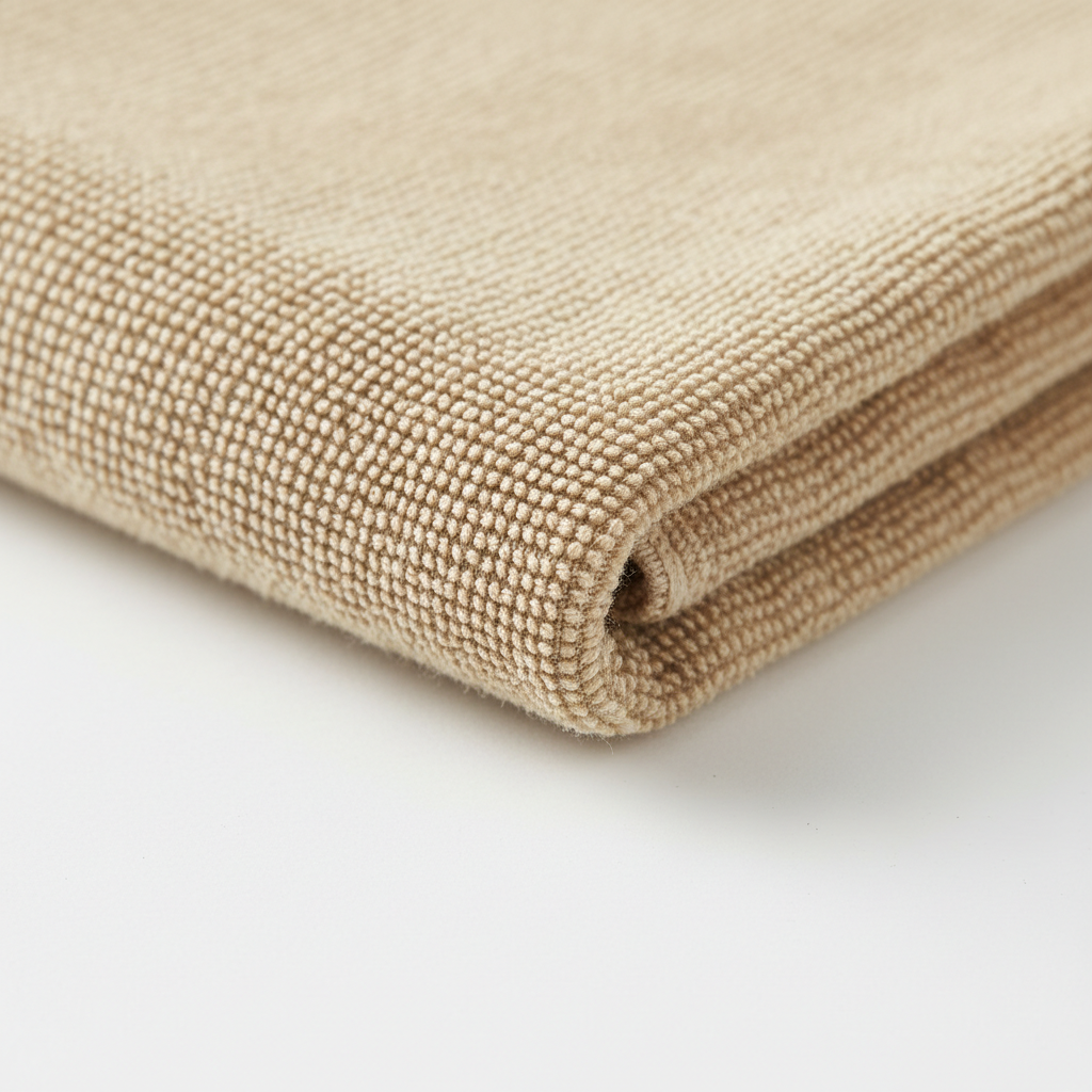 Close-up of soft beige face towel fabric texture