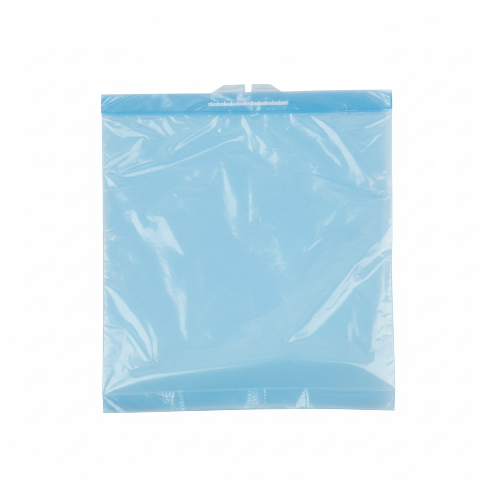 Close-up of light blue trash bag material and open top
