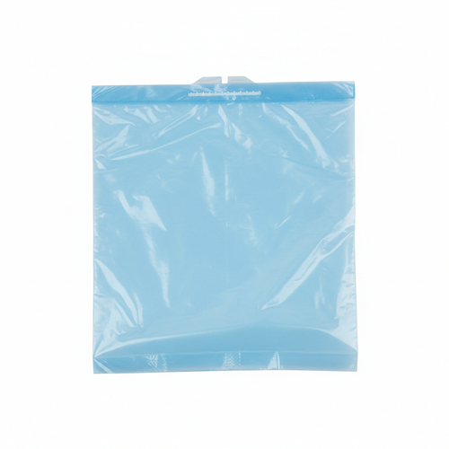 Close-up of light blue trash bag material and open top