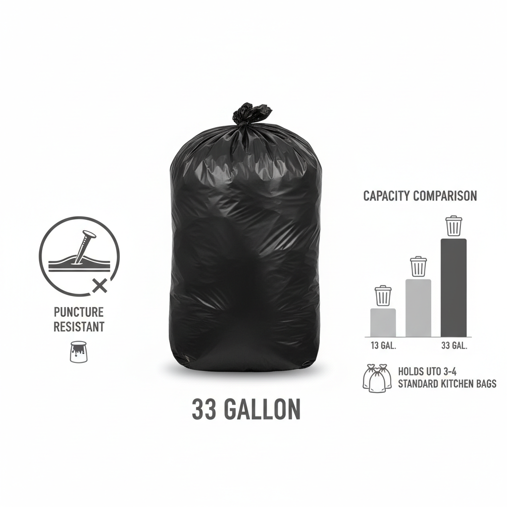 33 gallon capacity and puncture resistance infographic