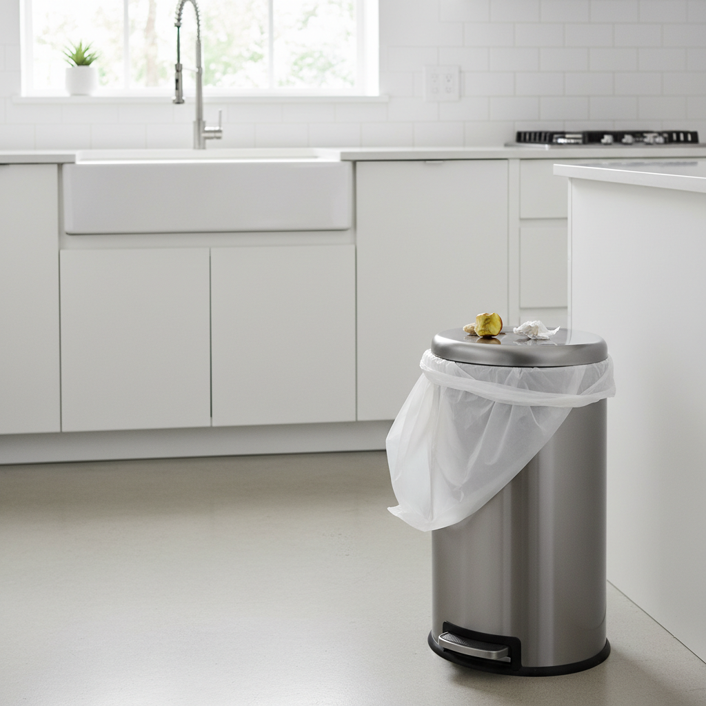 White trash bag installed in kitchen stainless steel bin