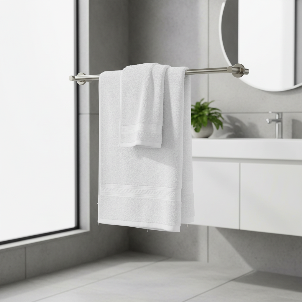 White bath towel hanging on rack in modern bathroom