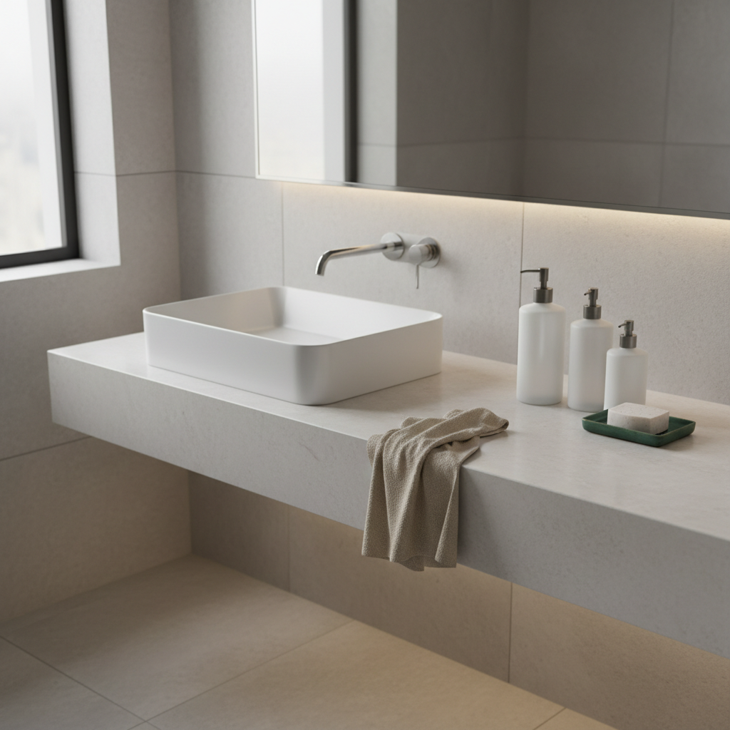 Beige face towel on bathroom vanity with skincare items