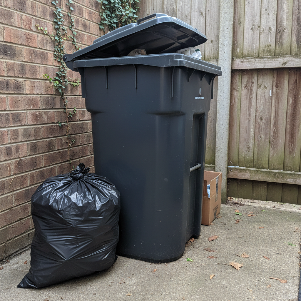 Black garbage bag next to outdoor trash bin