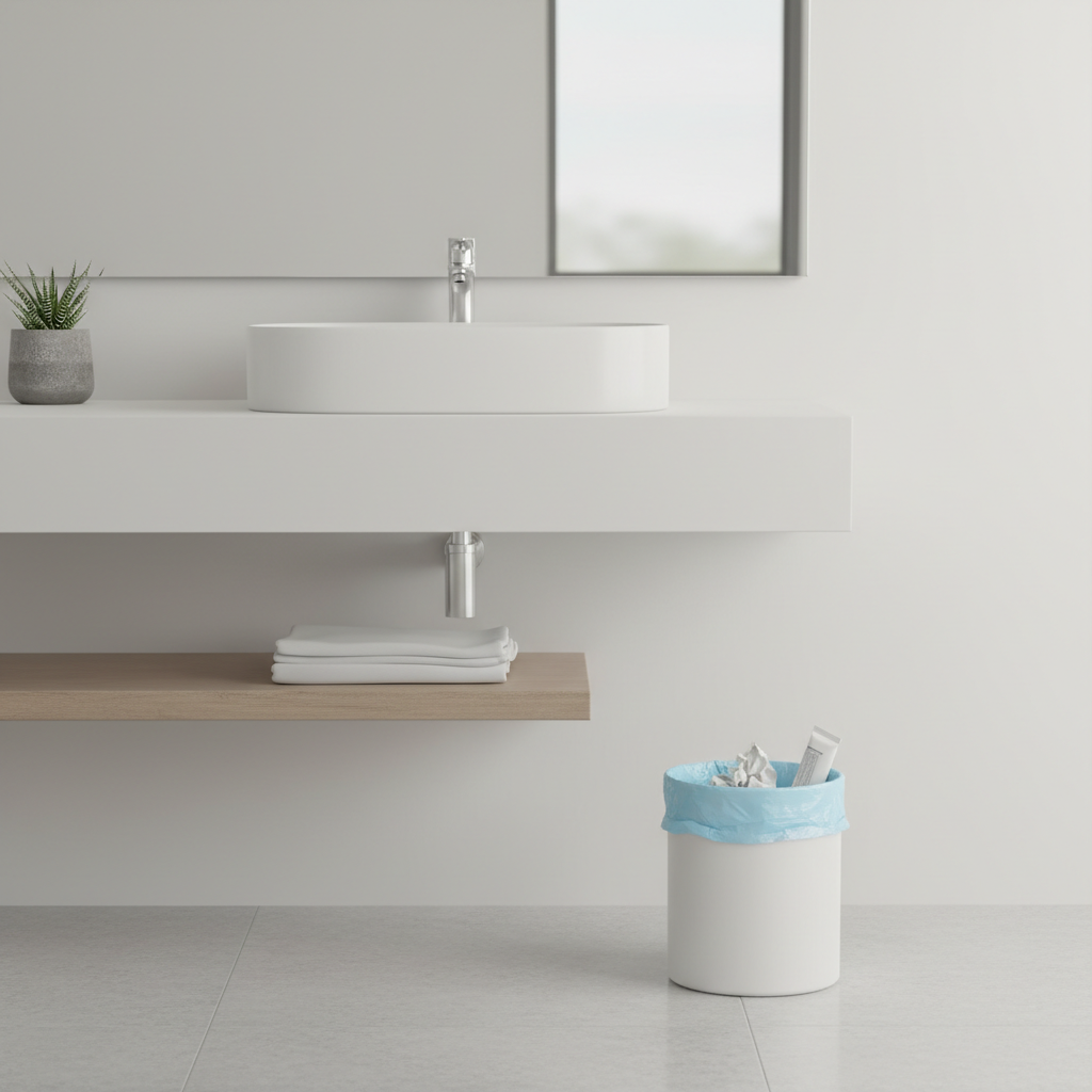 Small trash bag in bathroom waste bin next to sink